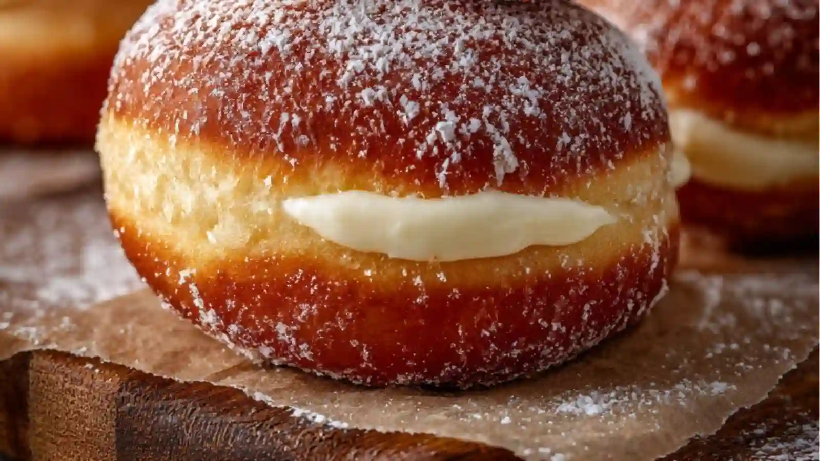 Fresh cream-filled donuts dusted with powdered sugar, one donut broken open showing creamy vanilla filling oozing out