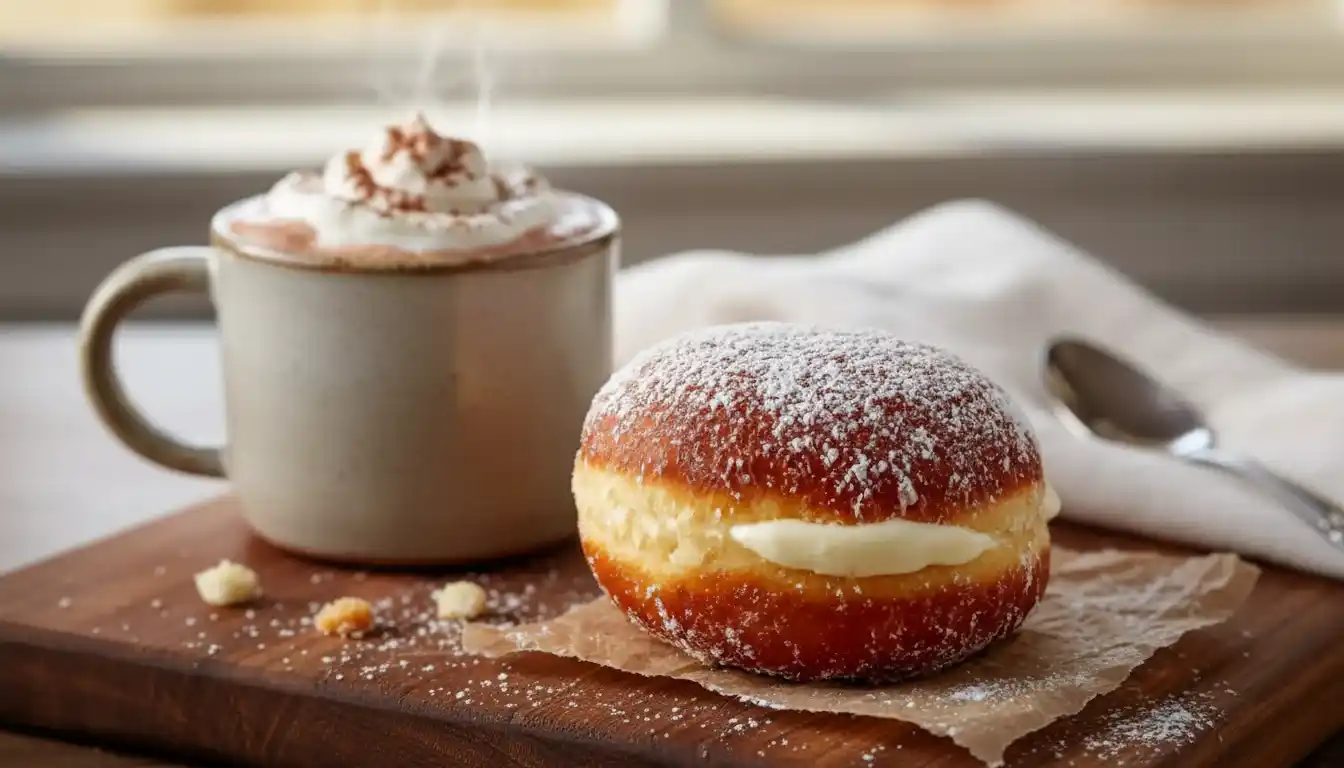 Fresh cream-filled donuts dusted with powdered sugar, one donut broken open showing creamy vanilla filling oozing out served with a mug of hot chocolate