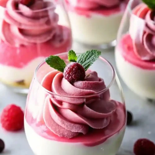 Glass cups filled with creamy layered cranberry mousse and vanilla cream, topped with a swirl of pink cranberry mousse, fresh cranberries, and mint leaves.