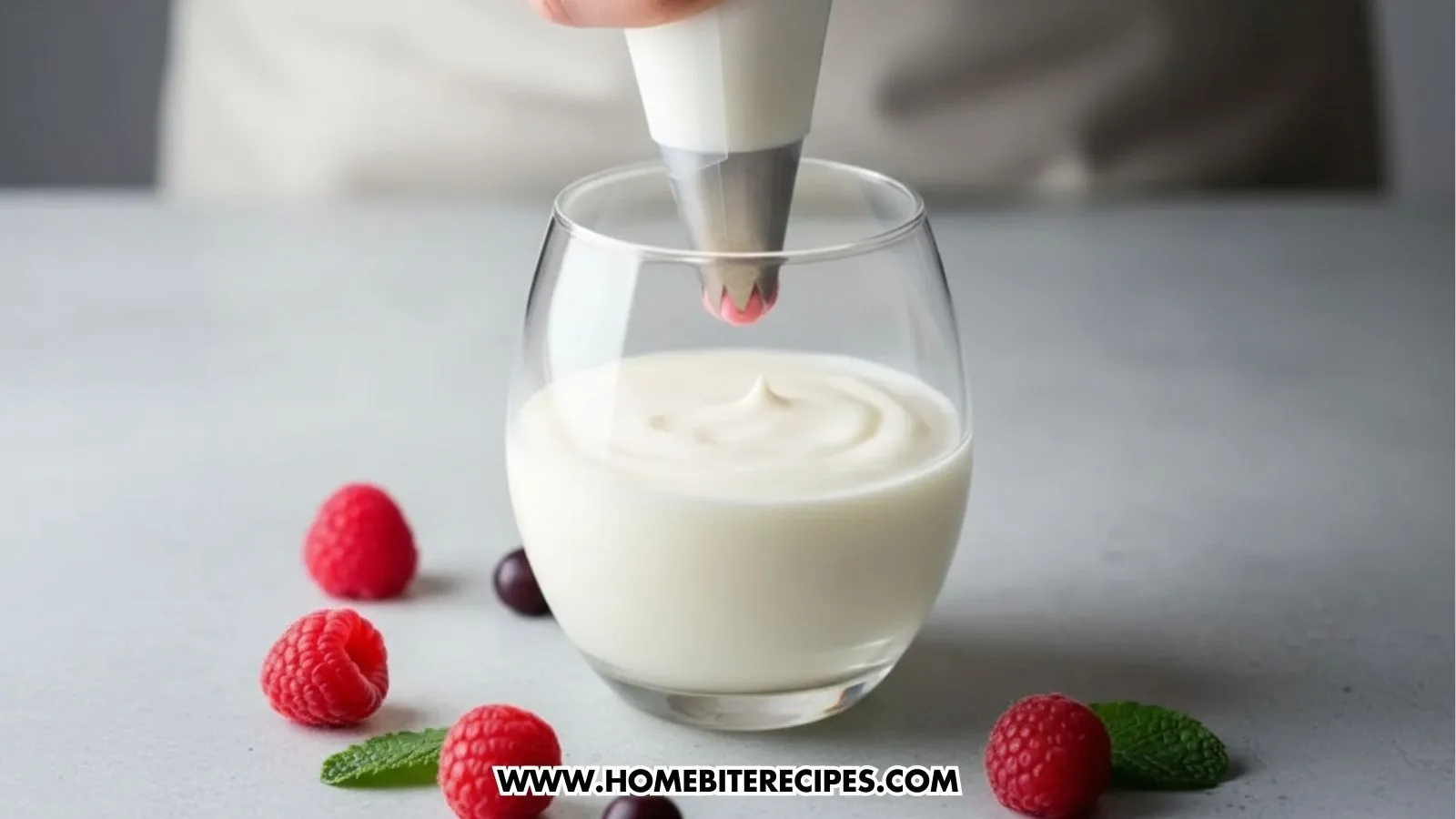 Glass cup filled with vanilla cream, and a hand filling with a layer of cranberry mousse
