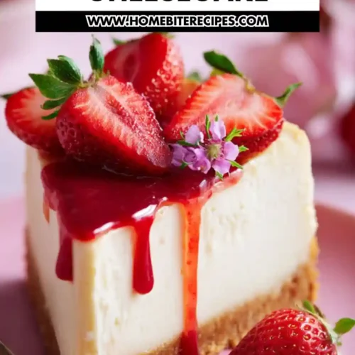 A slice of Dreamy Romantic Strawberry Cheesecake topped with fresh strawberries, glossy strawberry sauce, and small edible flowers on a soft pink plate—romantic and elegant dessert presentation.