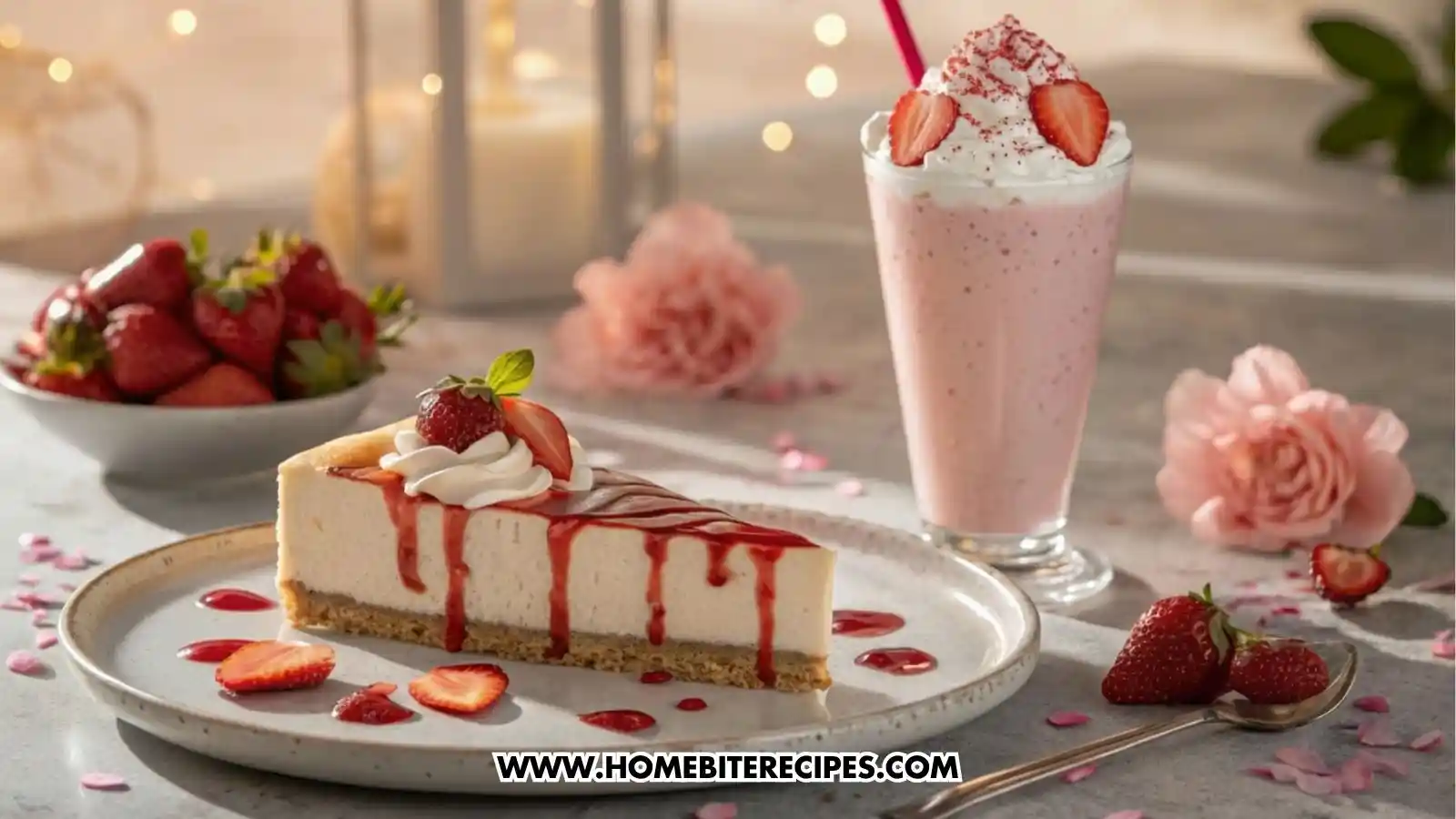 A slice of Dreamy Romantic Strawberry Cheesecake topped with fresh strawberries, glossy strawberry sauce, on a white plate served with a strawberry milkshake topped with whipped cream