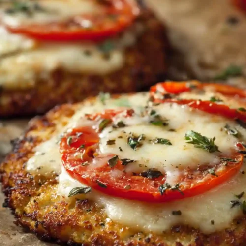Close-up of a cauliflower crust pizza topped with melted mozzarella, tomato slices, and herbs on parchment paper.