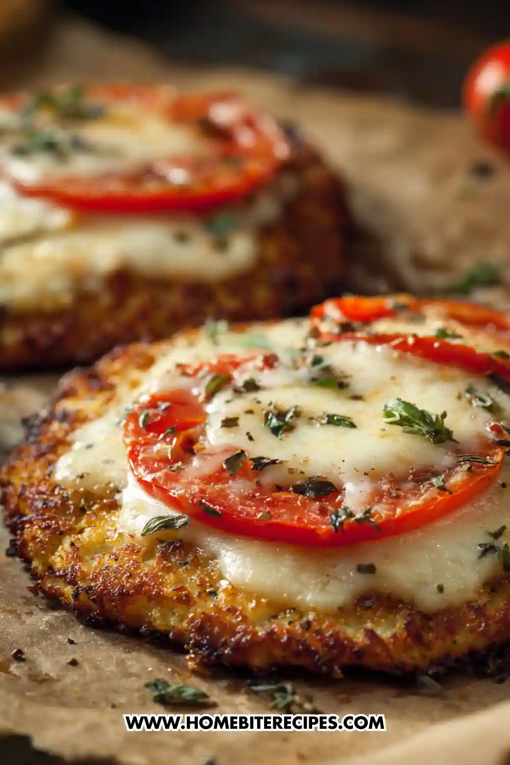 Close-up of a cauliflower crust pizza topped with melted mozzarella, tomato slices, and herbs on parchment paper.