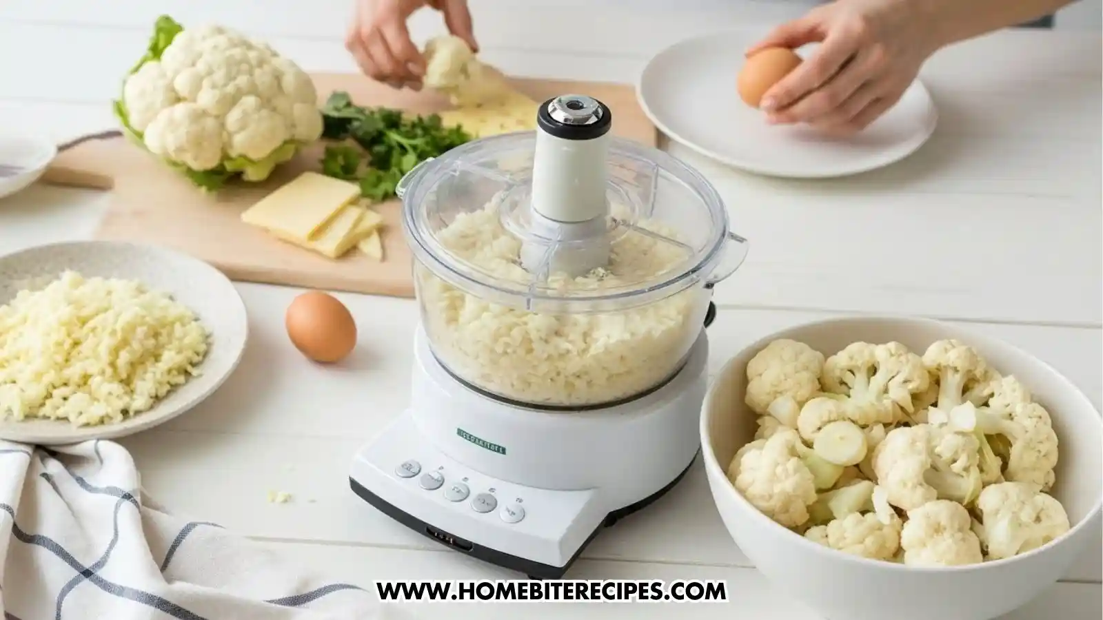 a food processor filled with freshly riced cauliflower. A large bowl beside it containing mixed cauliflower, shredded mozzarella, grated Parmesan, egg, and seasonings. Hands taking eggs to make the cauliflower crust