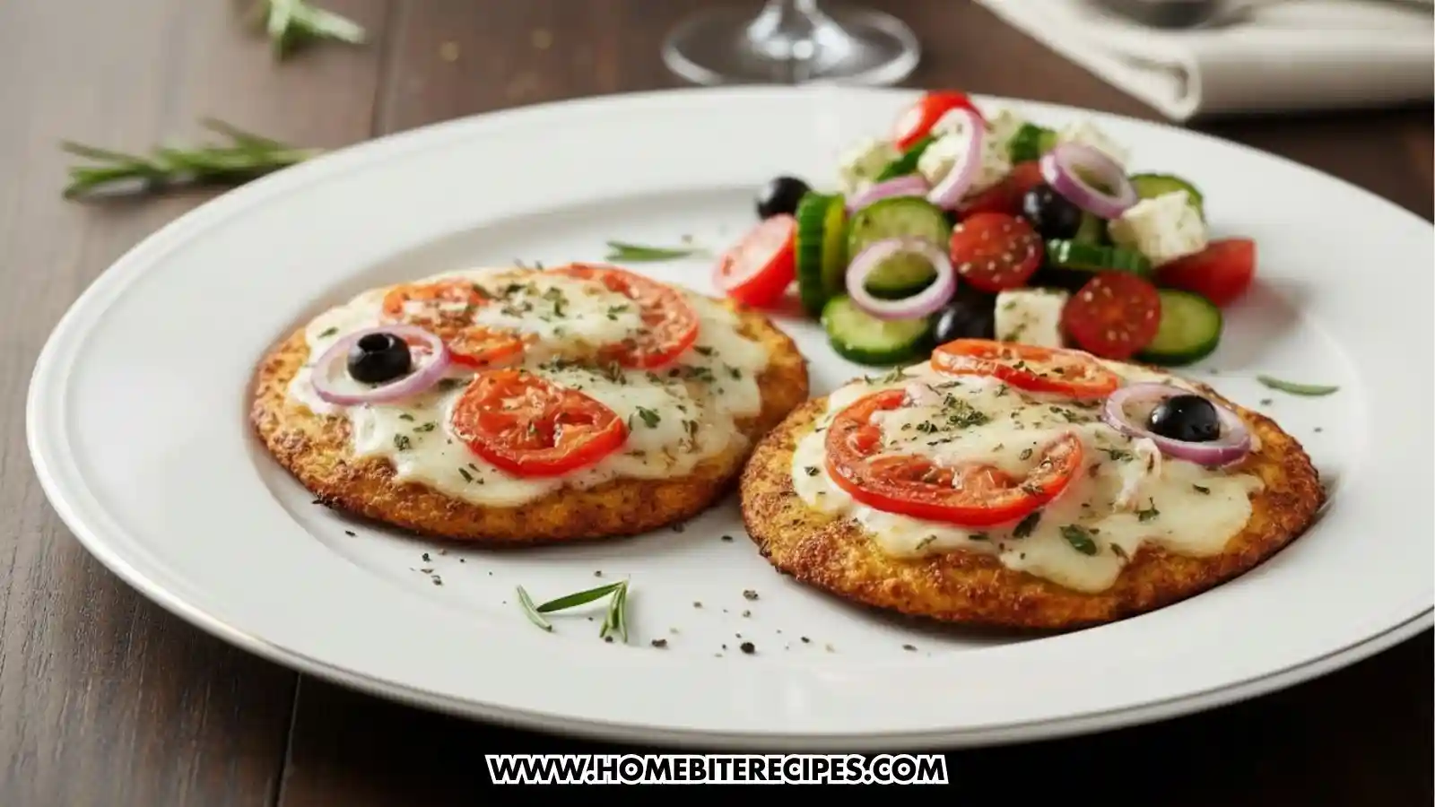 Two Cauliflower Crust Margherita Pizzas served with greek salad on large white plate