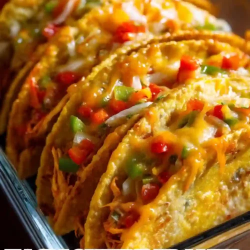 Golden baked tacos filled with shredded chicken, melted cheese, bell peppers, and onions — perfectly crisp and loaded with flavor. Easy, cheesy, and oven-baked for a mess-free taco night