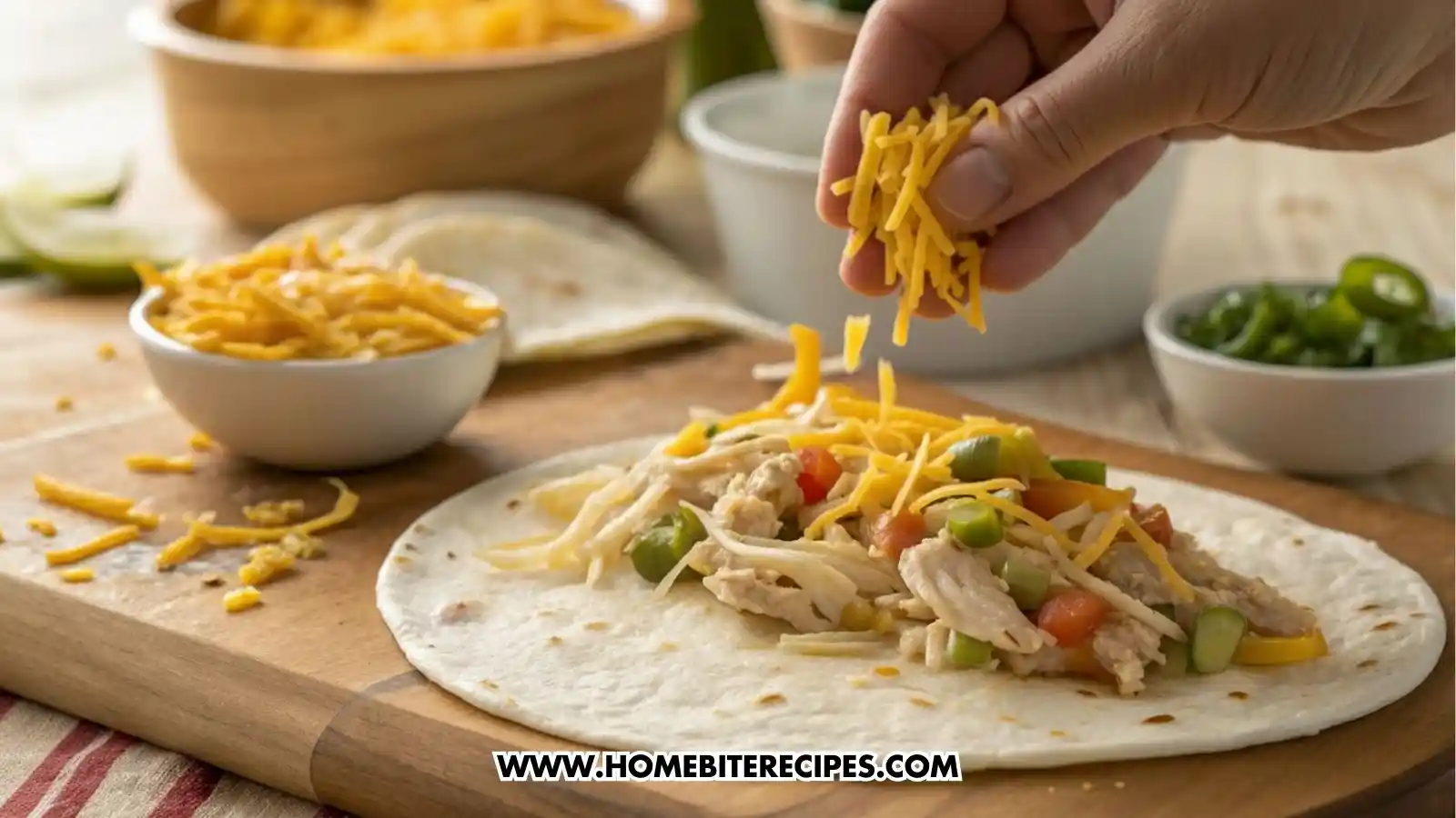 A close-up of a hand filling a soft flour tortilla with a mixture of shredded chicken, sour cream, shredded cheddar and Monterey Jack cheeses, diced green chiles, and spices.