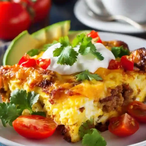 A slice of cheesy sausage breakfast casserole topped with sour cream, cilantro, and diced tomatoes, served with avocado and coffee on the side.