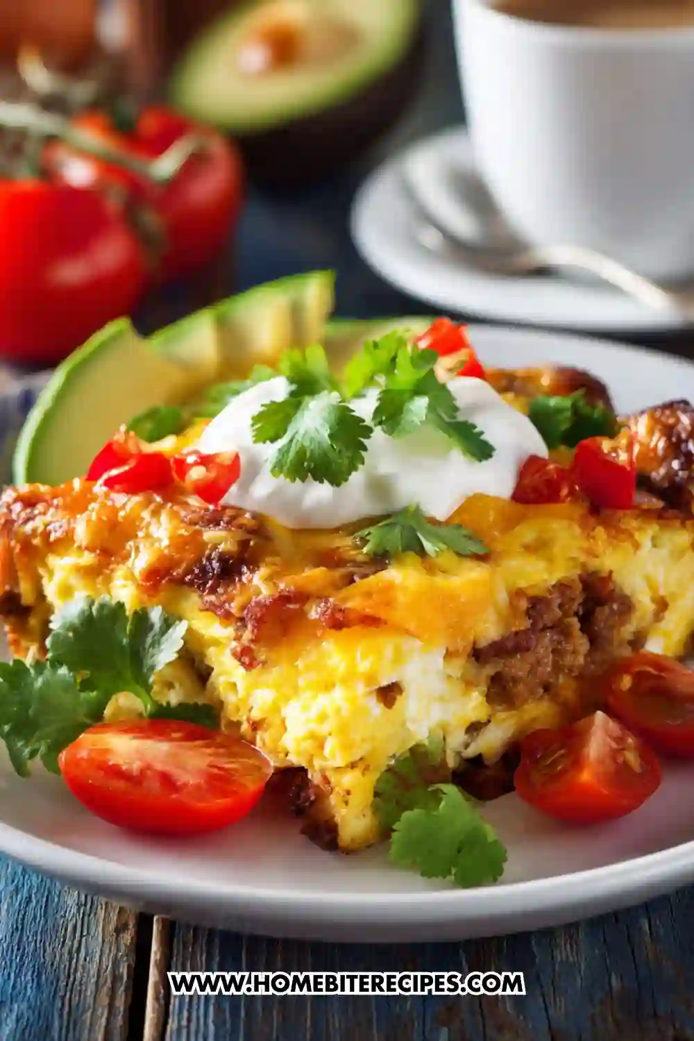A slice of cheesy sausage breakfast casserole topped with sour cream, cilantro, and diced tomatoes, served with avocado and coffee on the side.