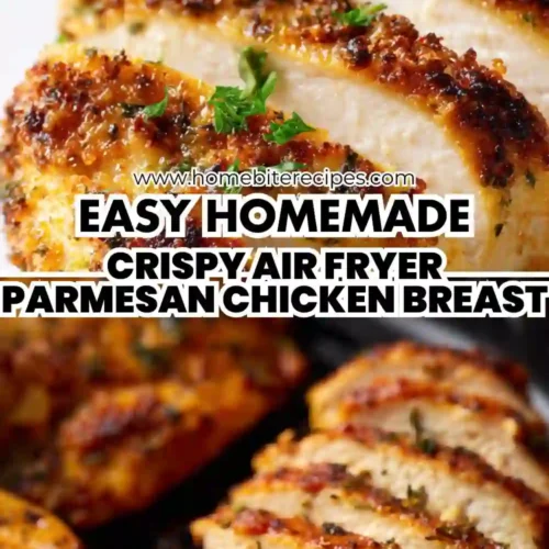 Close-up of golden crispy air fryer chicken breasts coated in Parmesan breadcrumbs and herbs, sliced to reveal juicy meat, garnished with fresh parsley.