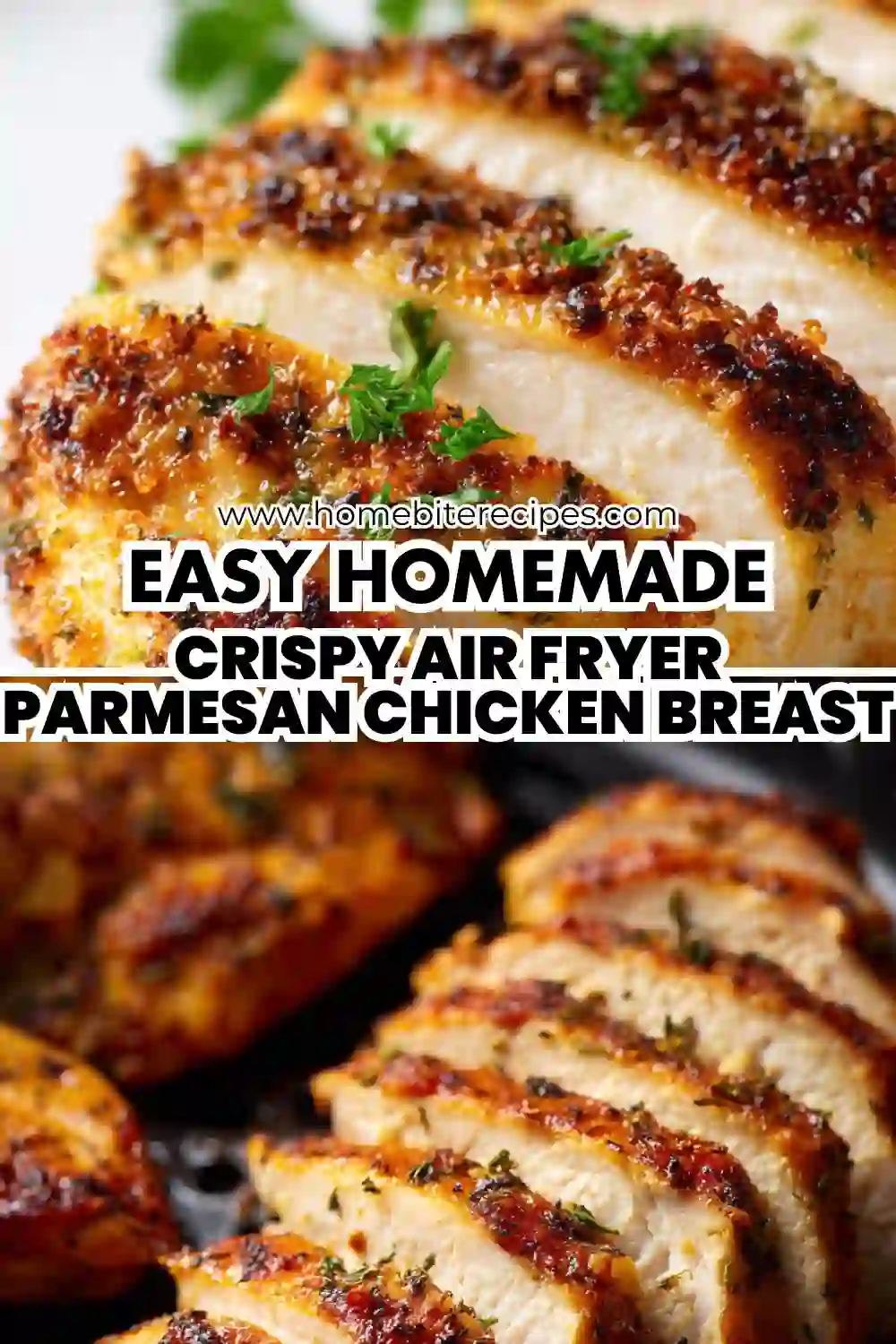 Close-up of golden crispy air fryer chicken breasts coated in Parmesan breadcrumbs and herbs, sliced to reveal juicy meat, garnished with fresh parsley.