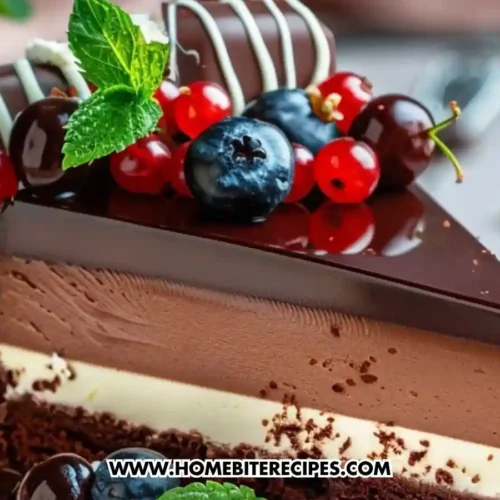 Elegant chocolate mousse cake topped with a shiny ganache layer, fresh berries, and mint, with a slice showing the layered mousse and cake.