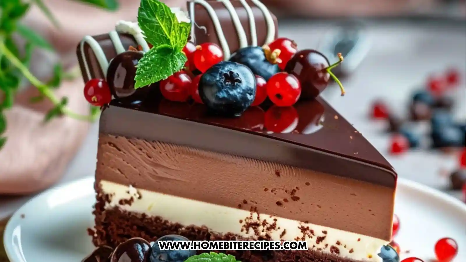 Elegant chocolate mousse cake topped with a shiny ganache layer, fresh berries, and mint, with a slice showing the layered mousse and cake.