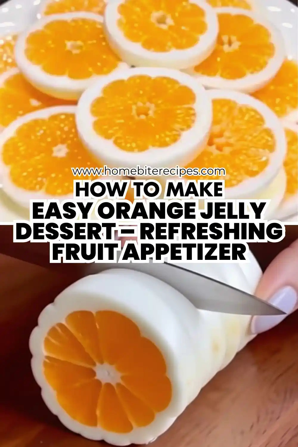 Sliced mandarin jelly roll dessert showing vibrant orange mandarin segments encased in creamy white milk jelly; a refreshing, no-bake fruit treat perfect for summer parties or light desserts.
