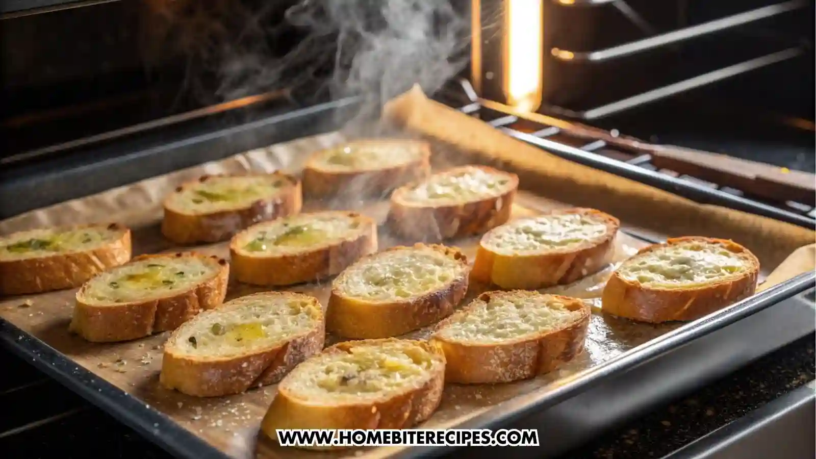 Close-up view of crostini slices brushed with olive oil and placed on a baking tray inside a preheated oven.