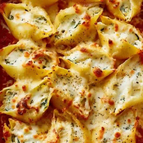 Close-up of baked jumbo pasta shells stuffed with creamy ricotta and spinach, topped with melted golden cheese and served over marinara sauce