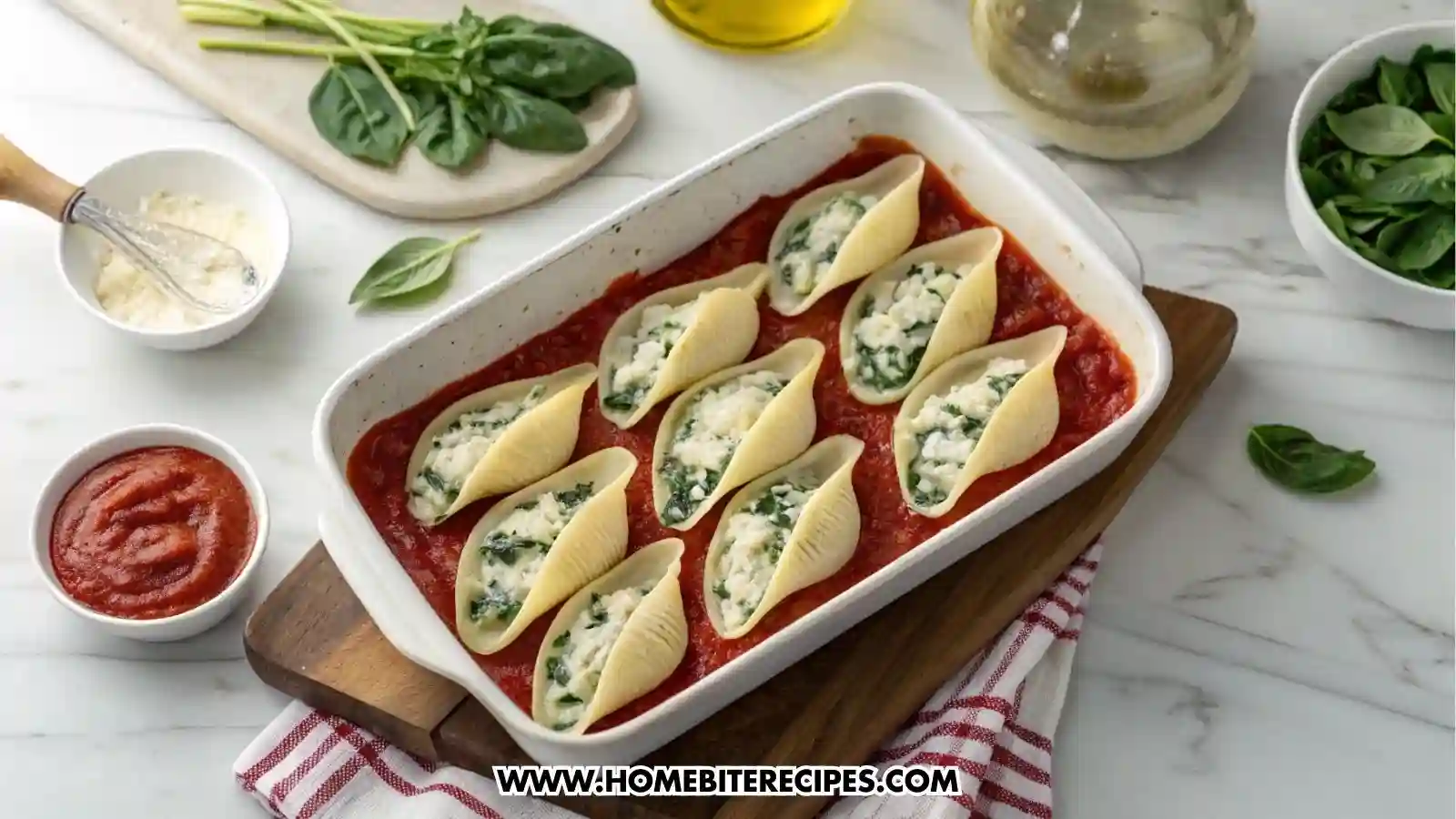 Unbaked spinach and ricotta stuffed jumbo pasta shells arranged in a baking dish, with a generous layer of marinara sauce spread evenly at the bottom.