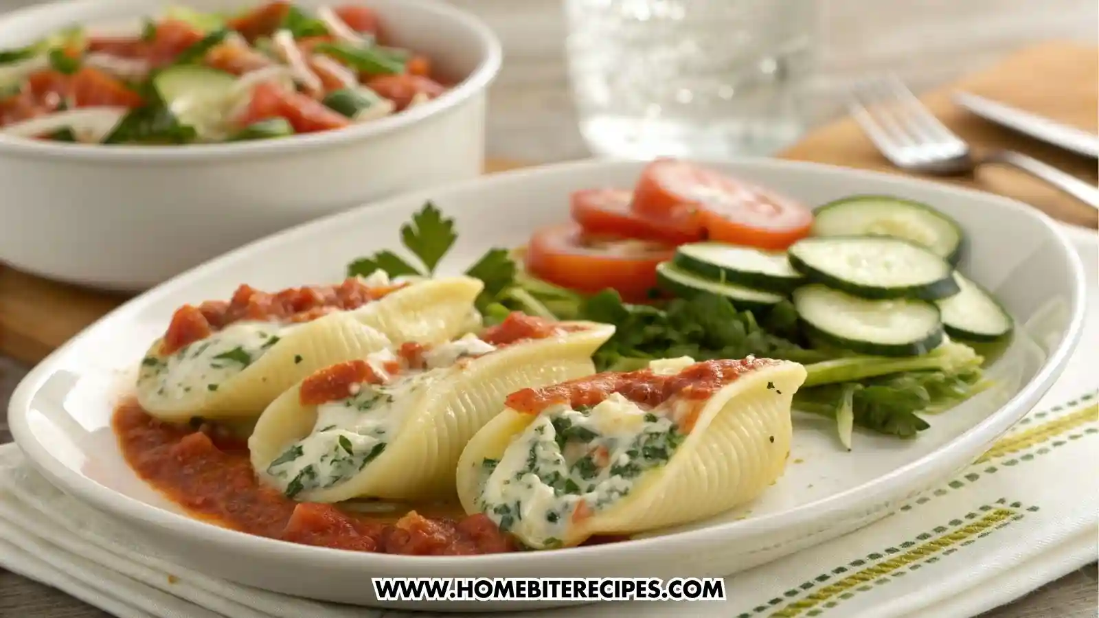 Easy Spinach Ricotta Stuffed Shells baked in marinara sauce, served on a white ceramic plate with a fresh cucumber and tomato salad on the side.
