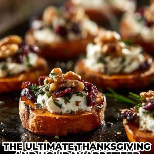 Roasted sweet potato rounds topped with creamy goat cheese, cranberries, walnuts, and herbs, served as festive holiday appetizers.