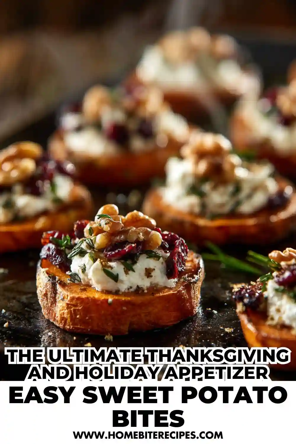 Roasted sweet potato rounds topped with creamy goat cheese, cranberries, walnuts, and herbs, served as festive holiday appetizers.