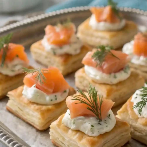 Flaky puff pastry squares topped with smoked salmon, herbed cream cheese, and whipped dill cream, served on a silver platter as elegant party appetizers