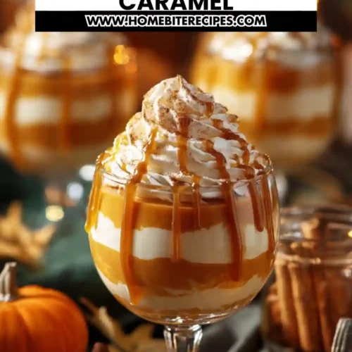 Layered pumpkin mousse dessert in a glass topped with whipped cream and caramel drizzle, surrounded by pumpkins and cinnamon sticks for a fall setting.