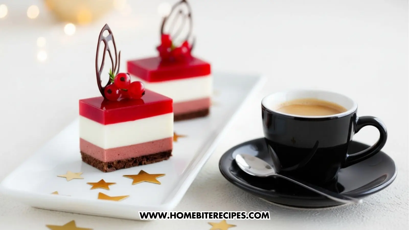 Elegant Triple-Layer Berry & Chocolate Mousse Cakes with chocolate base, strawberry mousse, vanilla cream, and glossy red berry jelly topping, decorated with chocolate art and currants served with a glass of espresso