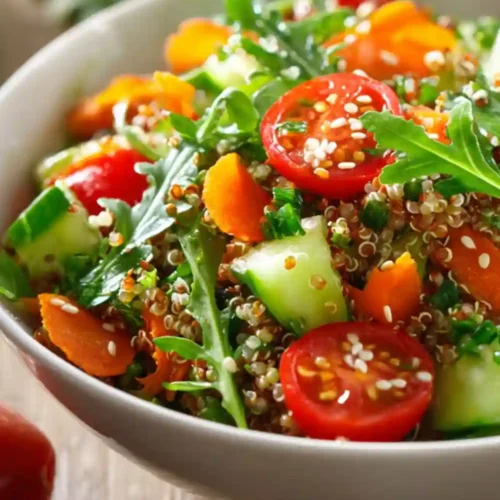 Colorful quinoa salad with cherry tomatoes, cucumber, arugula, carrots, and sesame seeds served in a white bowl — a perfect everyday healthy lunch option.