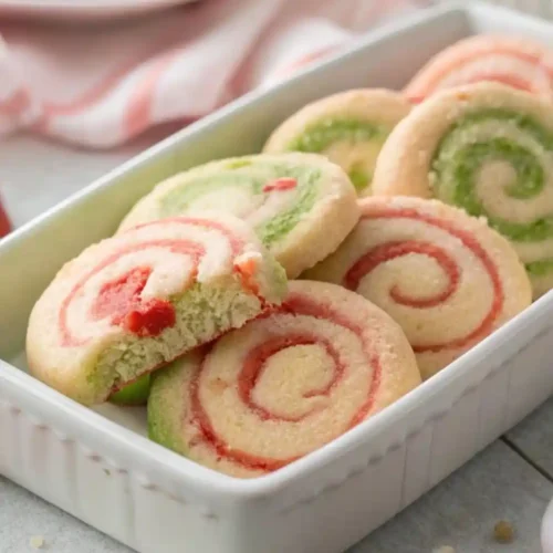 Colorful red and green pinwheel sugar cookies arranged in a white baking dish, with one cookie showing a bite revealing its soft texture.