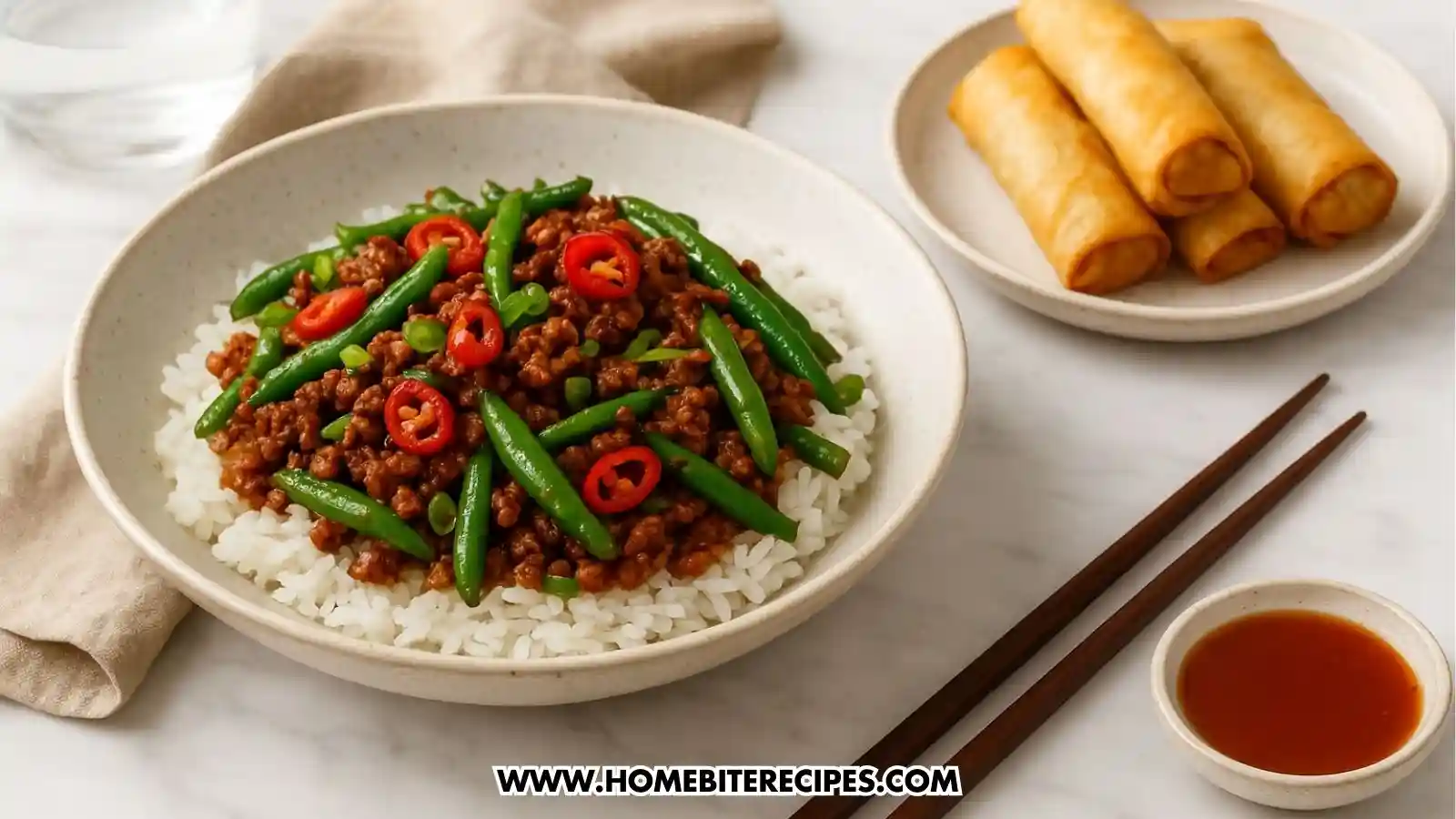 Fiery Ground Beef & Green Bean Stir-Fry Bowl served with a bowl of freshly steamed jasmine and vegetable spring rolls
