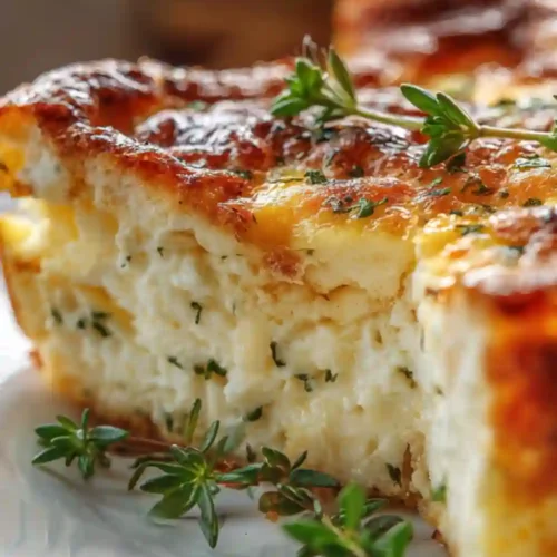 Close-up of a fluffy crustless cheese and herb egg bake with a golden top, garnished with fresh thyme on a white plate.