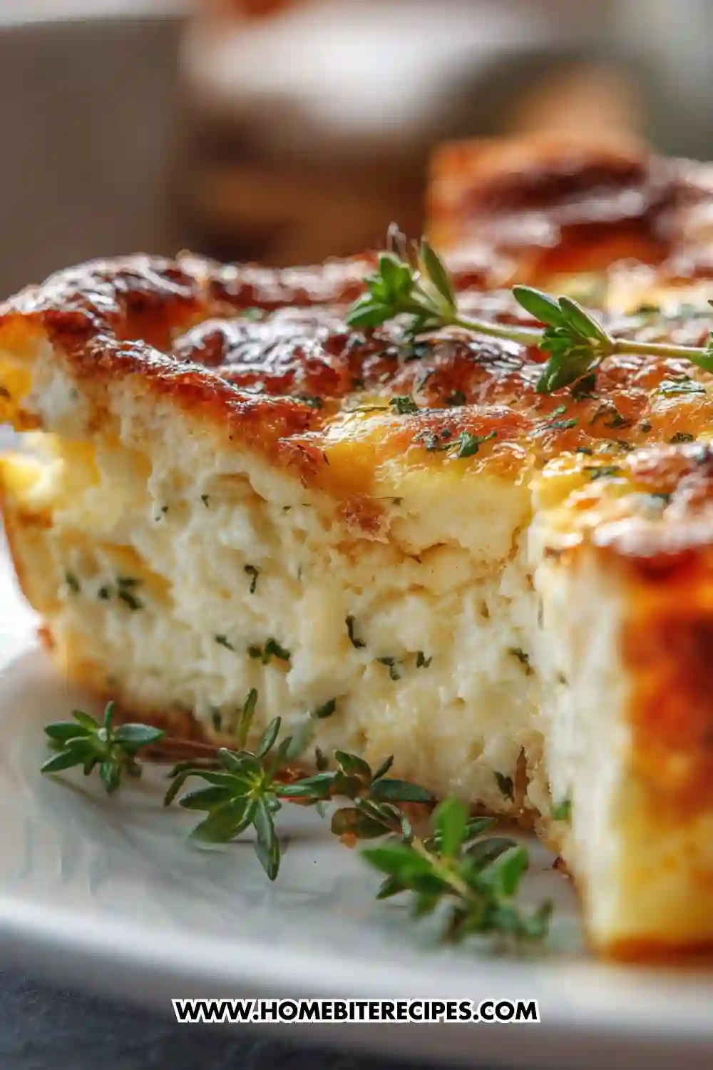 Close-up of a fluffy crustless cheese and herb egg bake with a golden top, garnished with fresh thyme on a white plate.