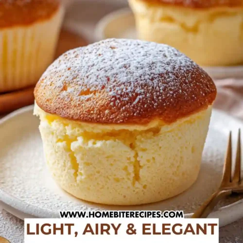 Close-up of a fluffy Japanese cheesecake cupcake dusted with powdered sugar, showcasing its soft, airy texture and golden top.