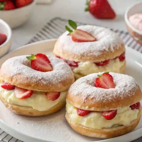 Close-up image of soft donuts filled with vanilla cream and fresh strawberry slices, dusted with powdered sugar on a white plate.
