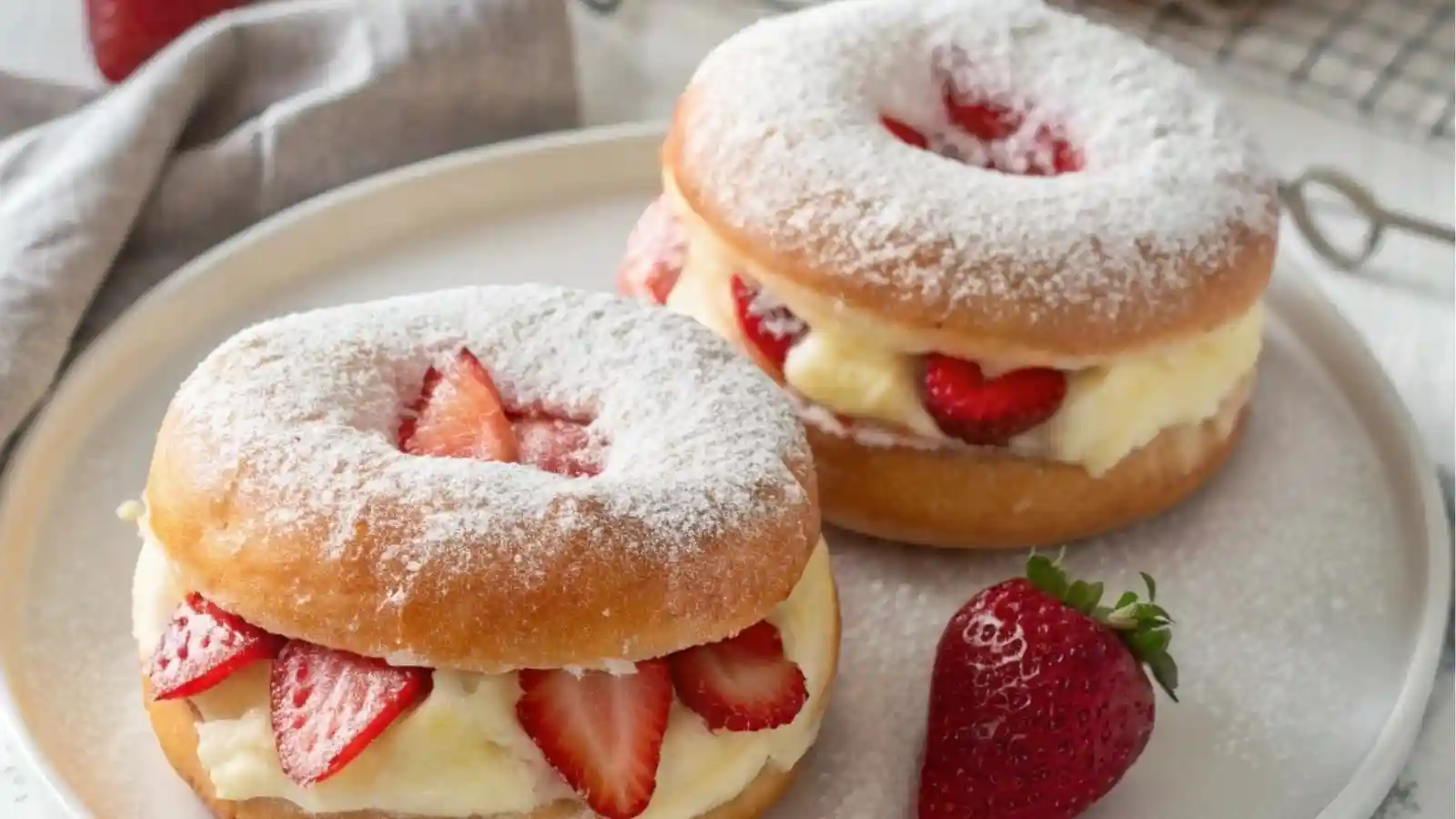 Close-up image of Fluffy Strawberry Cream Donuts filled with vanilla cream and fresh strawberry slices, dusted with powdered sugar on a white plate.