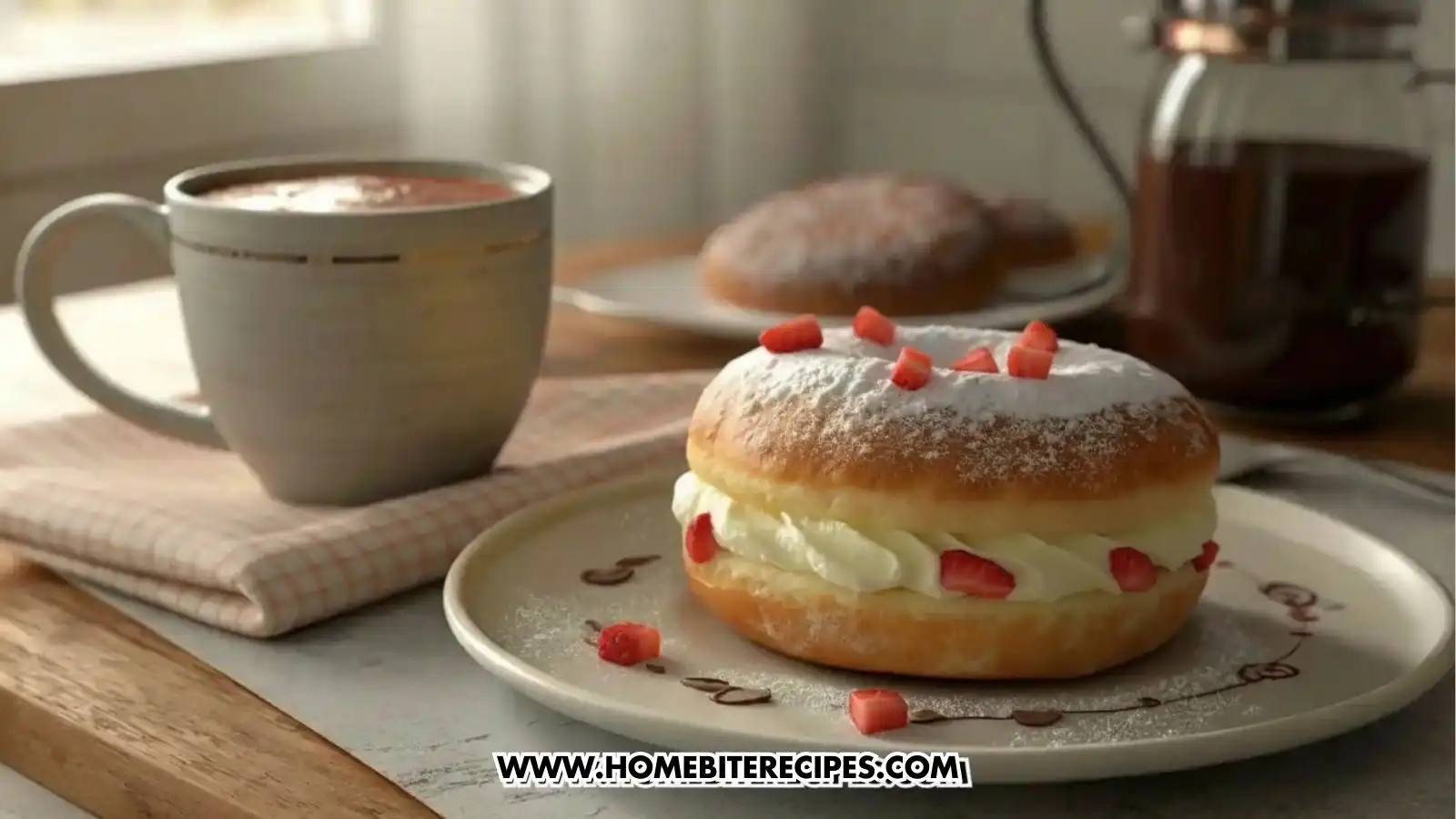 Close-up image of soft donuts filled with vanilla cream and fresh strawberry slices, dusted with powdered sugar on a white plate. served with a mug of hot cocoa