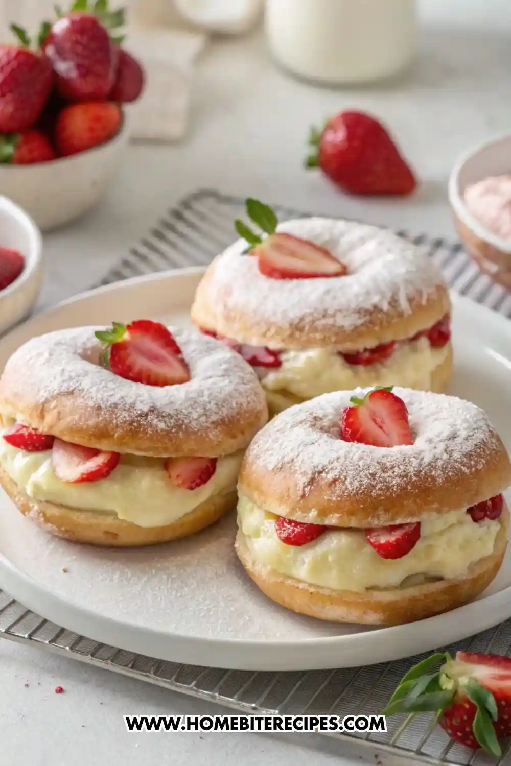 Close-up image of soft donuts filled with vanilla cream and fresh strawberry slices, dusted with powdered sugar on a white plate.