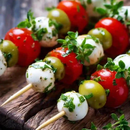 Mini caprese skewers with cherry tomatoes, mozzarella balls, and green olives drizzled with fresh herb dressing, served on a rustic wooden board.