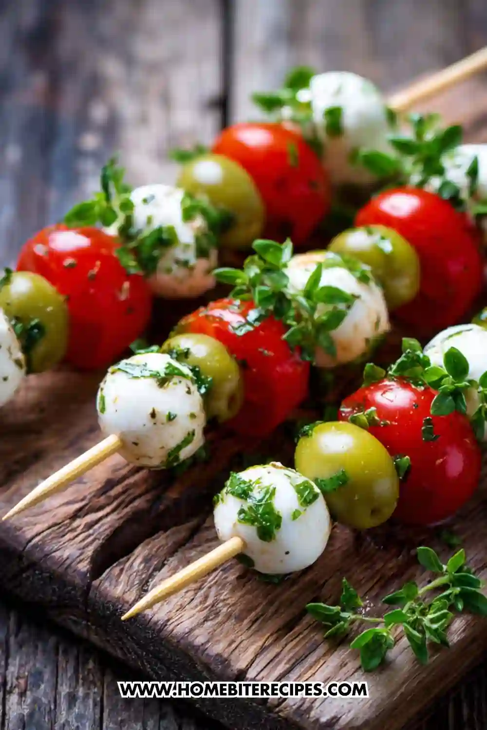 Mini caprese skewers with cherry tomatoes, mozzarella balls, and green olives drizzled with fresh herb dressing, served on a rustic wooden board.