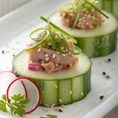 Appetizer made with cucumber slices topped with tuna tartare, sesame seeds, and scallion curls, garnished with radish and cilantro on a white plate.