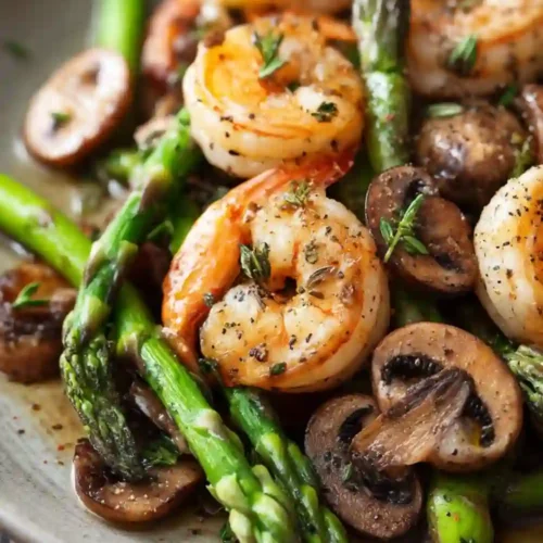 Close-up of garlic butter shrimp served with sautéed asparagus and mushrooms, seasoned with herbs and black pepper on a rustic plate