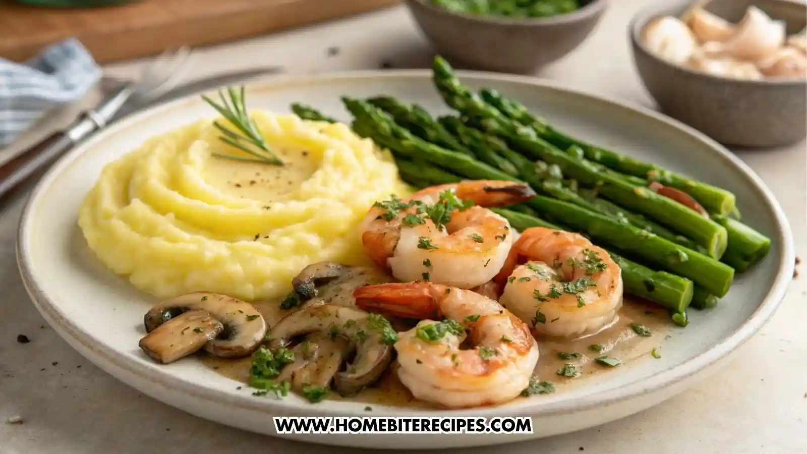 Close-up of garlic butter shrimp served with mashed potatoes, sautéed asparagus and mushrooms, seasoned with herbs and black pepper on a rustic plate