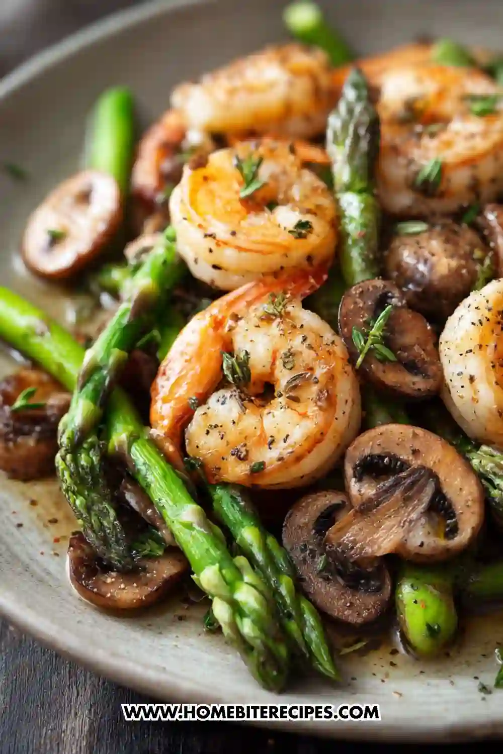 Close-up of garlic butter shrimp served with sautéed asparagus and mushrooms, seasoned with herbs and black pepper on a rustic plate