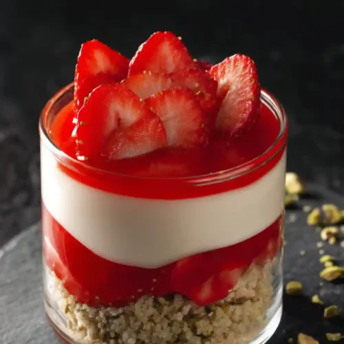A glass dessert jar layered with crushed gluten-free crust, creamy cheesecake filling, and fresh strawberries on top, creating a healthy low-sugar strawberry parfait.