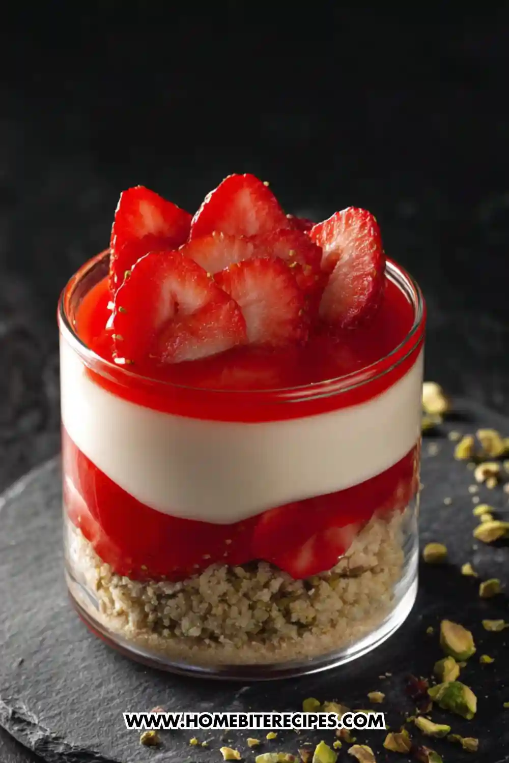 A glass dessert jar layered with crushed gluten-free crust, creamy cheesecake filling, and fresh strawberries on top, creating a healthy low-sugar strawberry parfait.