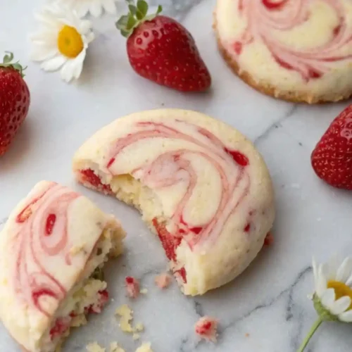 Soft gluten-free strawberry swirl cookies with red jam swirls, surrounded by fresh strawberries and daisies on a marble surface.