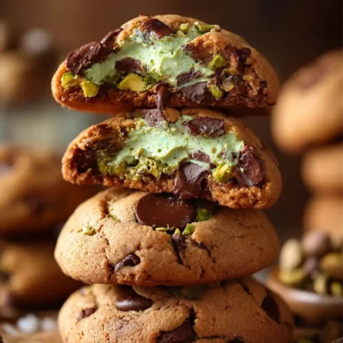 Stack of three gooey pistachio-filled chocolate chip cookies, with the top two split open to show the bright green, creamy pistachio center and melted dark chocolate chips, on a rustic wooden surface