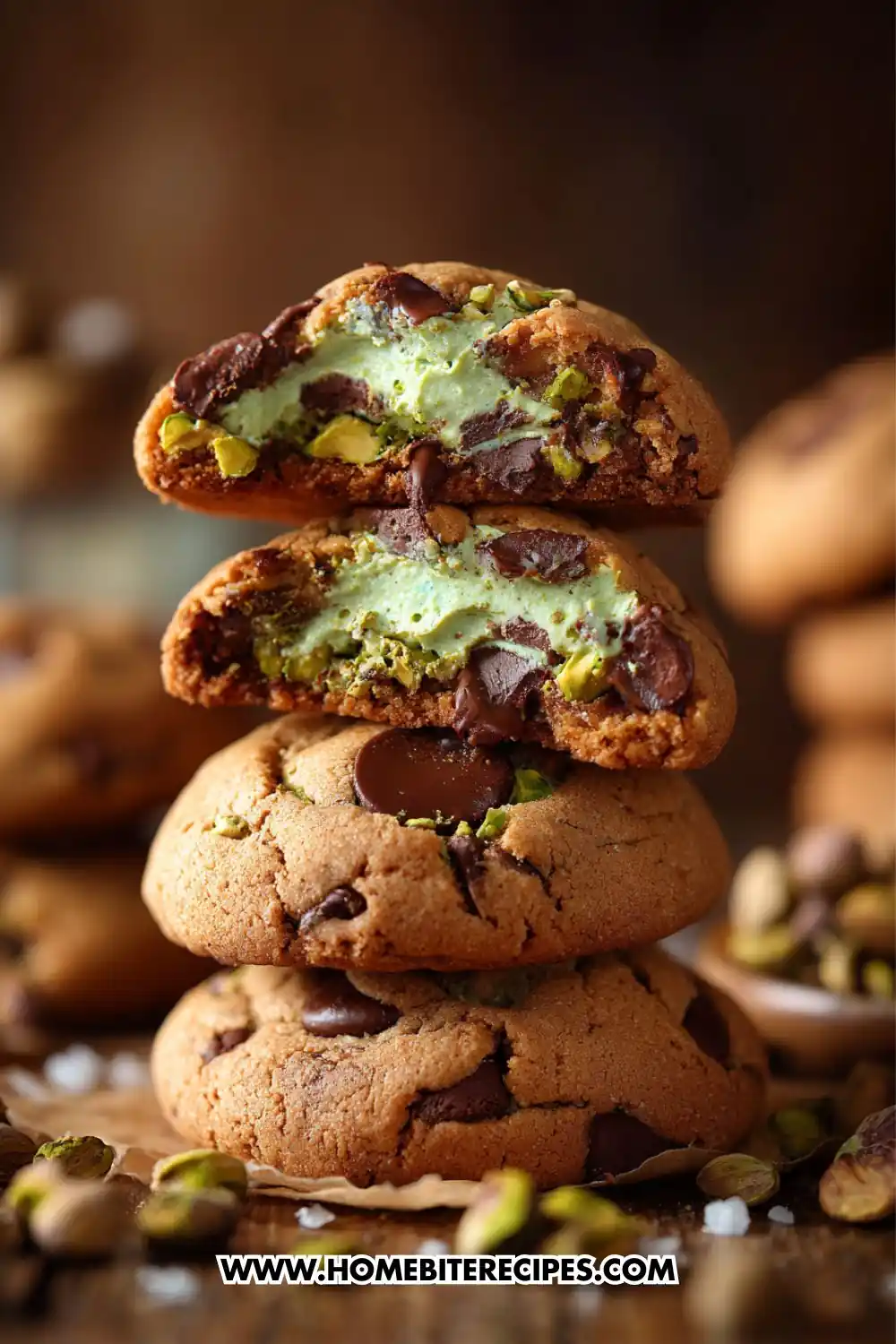 Stack of three gooey pistachio-filled chocolate chip cookies, with the top two split open to show the bright green, creamy pistachio center and melted dark chocolate chips, on a rustic wooden surface