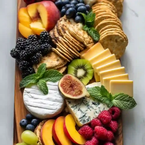 A colorful cheese and fruit charcuterie board featuring assorted cheeses, crackers, peaches, berries, figs, kiwi, and grapes beautifully arranged on a wooden serving platter with fresh mint garnish.